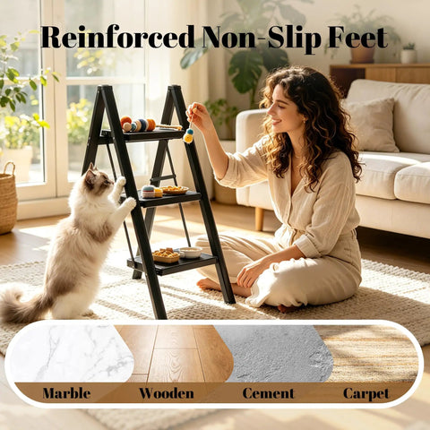3 Step Aluminum Folding Ladder With Wide Anti Slip Pedals, Lightweight Portable Step Stool For Home, Garage, And Workshop, Rubber Feet For Floor Protection, Stable, Safe, And Easy To Store. Black 3-step folding ladder on carpet with reinforced non-slip feet
