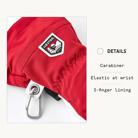 Close-up of red Army Leather Heli Ski Glove for Freeride Skiing and Mountaineering, size 7, showing carabiner and elastic wrist.