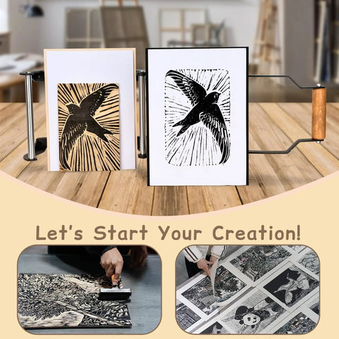 Linocut Printing Hand Lever Press for Linoleum Blocks Manual Press With Felt Pad showcasing prints of birds and hands in use