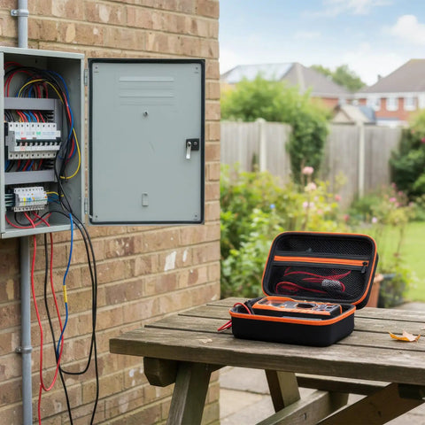 Built Tough Waterproof Multimeter Storage Case For MM325 MM420 MM69149P And More on a table near electrical panel