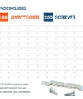 Close-up of sawtooth hanger and screws, part of Pack Of 100 Sawtooth Picture Hangers For Frames With Screws Heavy Duty Frame Hanging Hardware That Supports Up To 10 Lbs Canvas Wall Hangers For Artwork And Photos Easy Mount Pro Grade.