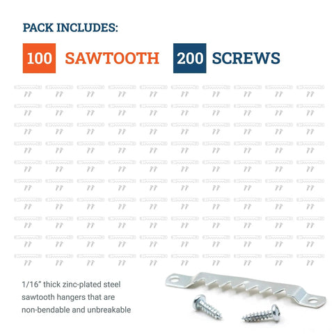 Close-up of sawtooth hanger and screws, part of Pack Of 100 Sawtooth Picture Hangers For Frames With Screws Heavy Duty Frame Hanging Hardware That Supports Up To 10 Lbs Canvas Wall Hangers For Artwork And Photos Easy Mount Pro Grade.