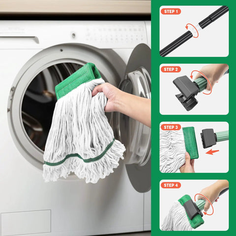 Heavy Duty Mop With Extended Reach Handle A Heavy Lifter For Knocking Out Sticky Spills And Greasy Workshop Floors Without Breaking A Sweat being cleaned in a washing machine.