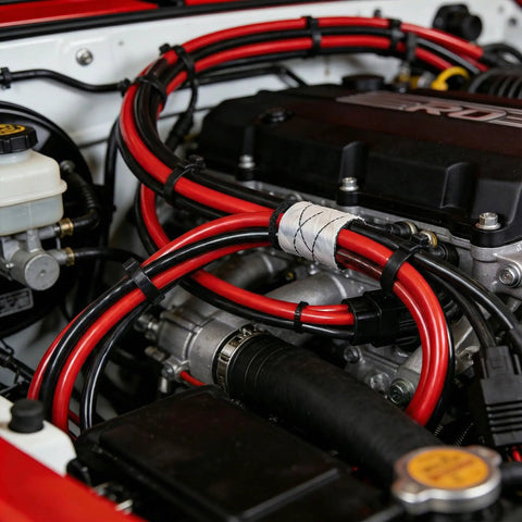 4 Gauge CCA Battery Cable Set, 26ft Red And 26ft Black With Cable Sleeves, Dual Automotive Power Ground And Car Audio Extension Cord, Copper Coated Aluminum For Beefy Conductivity In Trucks, RVs, And Marine Installs. red and black battery cables in an engine bay