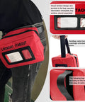 Red lockout tagout kit pouch worn on waist, featuring visual window and compartments for Four In One Lockout Tagout Kit For Electrical And Mechanical Safety Boss Level OSHA Compliant Group Lockout Hasps Padlocks Tags Cable Ties Nylon Pouch And Four Complete Kits In One.
