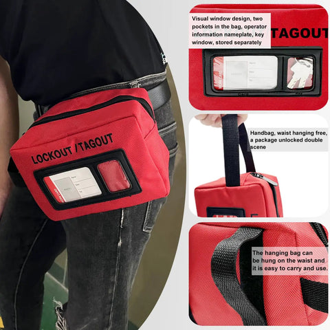 Red lockout tagout kit pouch worn on waist, featuring visual window and compartments for Four In One Lockout Tagout Kit For Electrical And Mechanical Safety Boss Level OSHA Compliant Group Lockout Hasps Padlocks Tags Cable Ties Nylon Pouch And Four Complete Kits In One.