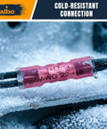 ALBO pink insulated heat-shrink butt connector on two black wires, AWG 22-16, close-up