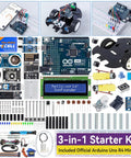 3 In 1 Starter Kit With Arduino Uno R4 Minima For IoT And Smart Car Projects ESP8266 WiFi Battery Pack components laid out
