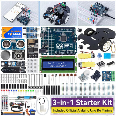 3 In 1 Starter Kit With Arduino Uno R4 Minima For IoT And Smart Car Projects ESP8266 WiFi Battery Pack components laid out