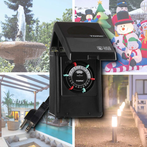 Heavy Duty Plug In Mechanical Timer 15 Amp Dual Receptacle 24 Hour Cycle Control for Indoor Outdoor Use, black cover and timer display.