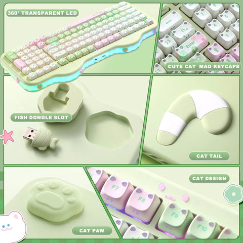 Butter Smooth Milk Switch Wireless Mechanical Keyboard With 98 Key Layout And Full Number Pad Featuring Totally Fire Cake Theme Vibe And Vibrant Dye Sub Keycaps, showing cute cat keycaps and fish dongle slot.