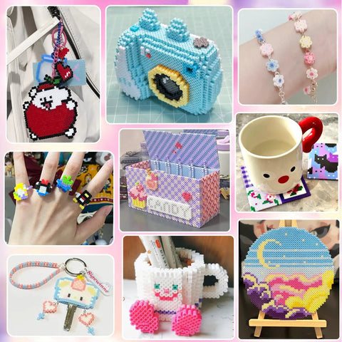 Various crafts made using Ultimate 5mm Fuse Beads Kit For Kids Crafts With 48 Colors, showcasing rings, keychains, and decor items.