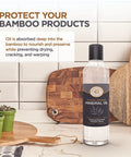 Food Grade Mineral Oil For Wood Cutting Boards And Utensils, 16 Oz Butcher Block Oil Conditioner bottle on wood surface