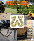 Collage showing Ten Pack Heavy Duty Chain Hooks Forged Grade 70 Grab Hooks Three Eighths Inch used in various rigging and towing applications.