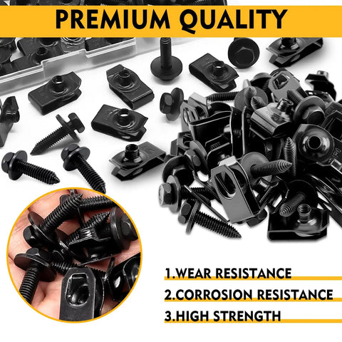 Knockout Quality 60 Piece 1/4 Inch U Nut Clips And Hex Head Auto Body Bolt Kit With Rust Proof Black Phosphate Protective Finish for fender installation.