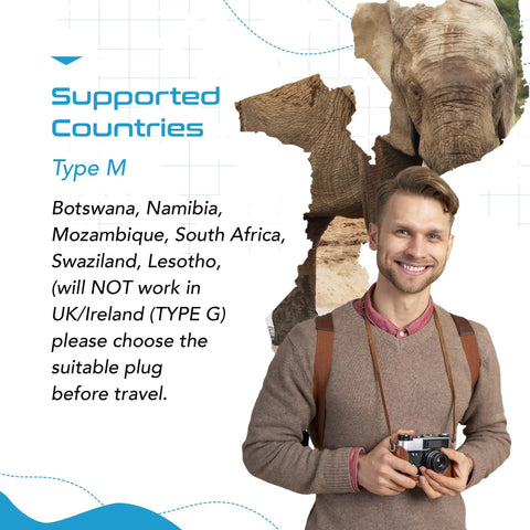 South Africa Travel Adapter With 5 In 1 Input And QC 3.1A Dual USB And USB C, countries supported by Type M plug