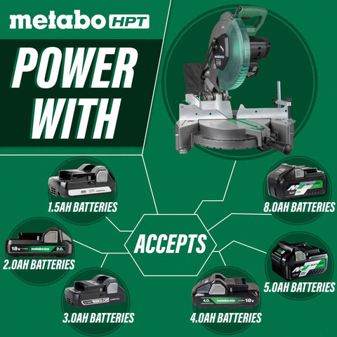 Cordless Miter Saw Kit With 10-Inch Blade, 18V and 36V MultiVolt Battery And Charger, image showcasing battery compatibility.