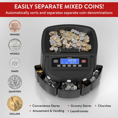 Coin Counter Machine Sorter For Change With Wrapper Roller, Auto Sorts And Batches Up To 300 Coins Per Minute, 5-Coin Sorting