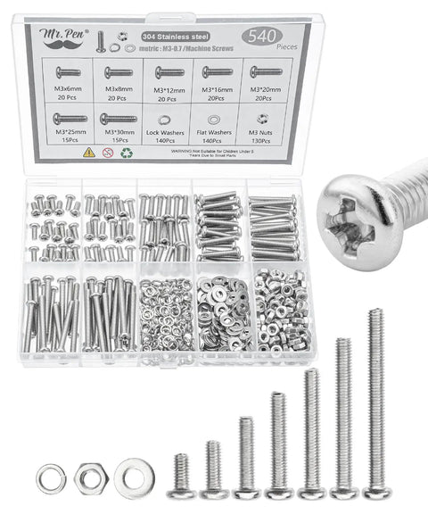 540 Piece Stainless Steel Nuts And Bolts Assortment Kit With Washers And Screws M3 Range In Seven Sizes From 6 To 30mm