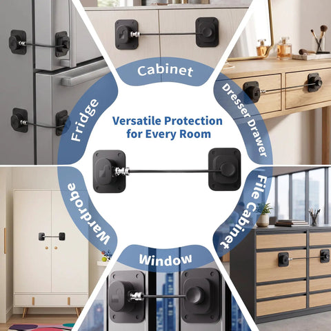 Two Pack Magnetic Cabinet Lock With Panda Key For Childproof Fridge And Cabinets, Easy No Drill Installation displayed on cabinets