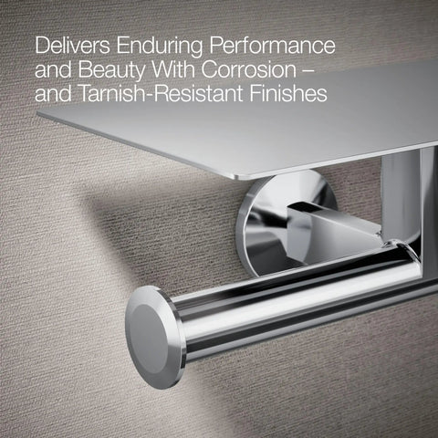Close-up of Components Covered Double Toilet Tissue Holder With Top Tray showing corrosion-resistant chrome finish