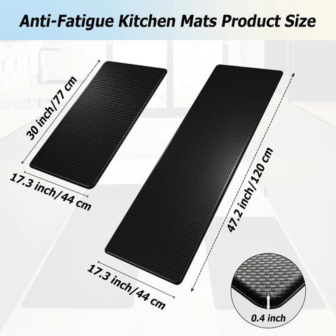 Non Slip Kitchen Floor Mats Set Of 2 With Cushioned Anti Fatigue Memory Foam Ergonomic Standing Mats Waterproof For Home Office Sink Laundry Black 17.3 Inch By 30 Inch And 17.3 Inch By 47 Inch, showing product dimensions