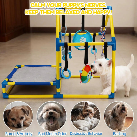 Puppy Play Gym Indoor Dog Playground With 8 Enrichment Toys Hanging Toys PVC Frame Interactive Activity Center for Puppies