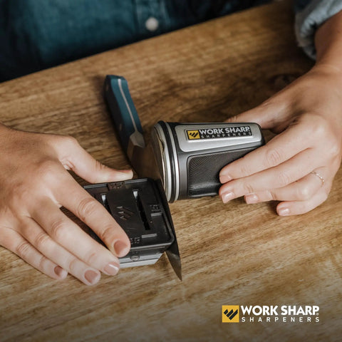 Rolling Knife Sharpener With Four Sharpening Angles 15 Degree 17 Degree 20 Degree 25 Degree And Magnetic Angle Block For All Your Kitchen Knives Three Abrasives For Chef Santoku Carving Utility Paring Knives on wooden table