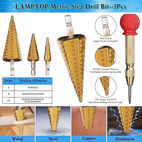 Top Shelf 26 Piece Woodworking Drill Bit Set With Heavy Duty HSS Step Bits features three metric step drill bits for various materials.