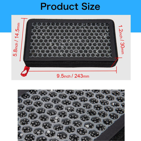Top Tier 2 Pack Activated Carbon Cabin Air Filter Replacement For Tesla Model 3 And Model Y Featuring He Pa Grade Mesh, showing size dimensions.