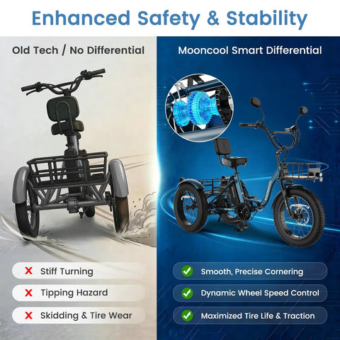 Adult Electric Trike With 20 Inch Fat Tires, 7 Speed Folding Tricycle, 500W Rear Hub Motor, Smooth Power And Stable Handling For Everyday Errands, Comfy Ride, Easy Fold Design For Convenient Storage, smart differential shown
