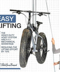 Person using Ceiling Bike Hoist With No Slip Heavy Duty Garage Pulley Lift System For Road MTB Fat Tire And Ebike Storage Space Saving Adjustable Straps For All Bikes Overhead Bicycle Hanger Fits Ceilings Up To 14 Feet in garage