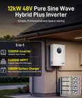 Heavy Duty 48 Volt 12KW Hybrid Inverter With 120V To 240V Split Phase Solar Charger and Plug And Play Home Backup And Rv Power Station installed on a wall.