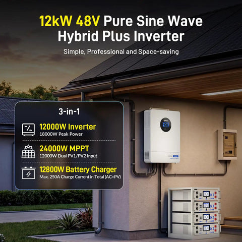 Heavy Duty 48 Volt 12KW Hybrid Inverter With 120V To 240V Split Phase Solar Charger and Plug And Play Home Backup And Rv Power Station installed on a wall.