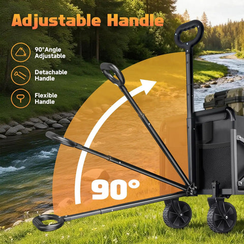 Heavy Duty Workhorse Foldable Wagon Cart With All Terrain Wheels 220 Lb Capacity showing adjustable handle next to stream