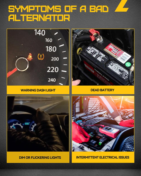 Collage showing symptoms of a bad alternator: warning dash light, dead battery, dim lights, electrical issues.