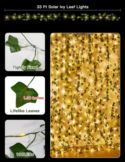 Solar Ivy String Lights Outdoor Waterproof 33Ft 100 LED Fake Vines With Lights
