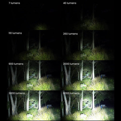 Ultra Bright SP36 Pro Flashlight beam strength from 7 to 8000 lumens on outdoor scene showing brightness levels.