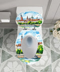 Elongated Resin Toilet Seat Quick Release for Bathroom with scenic watercolor design, 14.5" x 18.5" size.