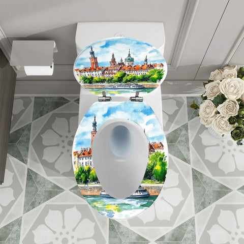 Elongated Resin Toilet Seat Quick Release for Bathroom with scenic watercolor design, 14.5" x 18.5" size.