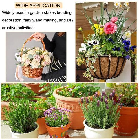 Hanging flower baskets and potted plants for DIY garden setups, illustrating uses for 8 Piece M4 Threaded Rods Kit, 10 Inch, Stainless Steel 201, Full Threads, Right Hand, Includes 40 Hex Nuts and Washers, Perfect for Hangers, U Bolts, Beaded Garden Stakes, Heavy Duty, Silver.