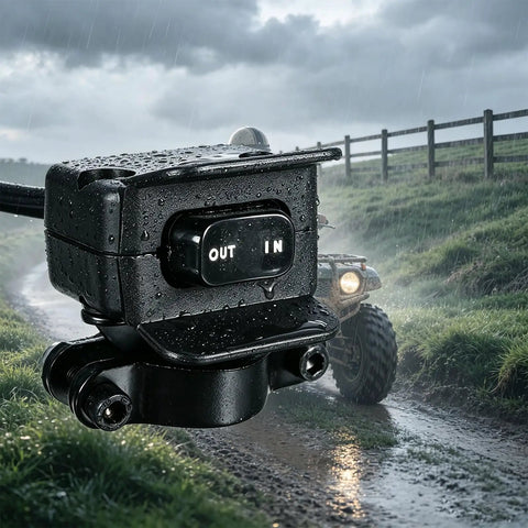 Heavy Duty 12V Winch Switch With Mounting Bracket Featuring Thumb Control Rocker For Atv Utv And 4 Wheeler, rain-soaked close-up view.