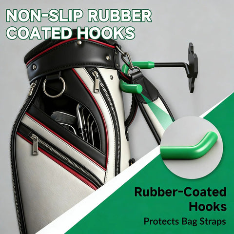 Close-up of Two Pack Wall Mount Full Size Golf Bag Hangers For Garage Setup Space Saving Storage Heavy Duty Steel Golf Bag Holder Easy Install Adjustable Organizer with non-slip rubber-coated hooks holding a golf bag.
