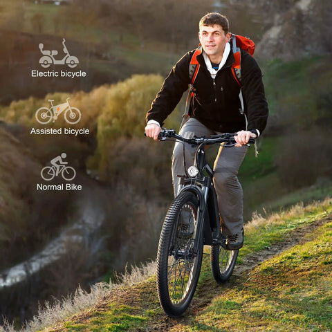 Man riding Beast Electric Bike For Adults 27.5 Inch 500W Ebike uphill with backpack, scenic nature background.