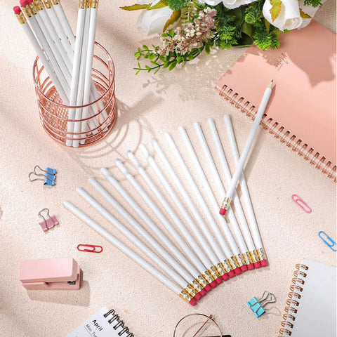 Round Pencils With Erasers 24 Pack Unsharpened 2 HB Graphite Wood Pencils For School Drawing Sketching And Classroom Use White Bodies