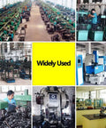 Collage of industrial workshop images with various metalworking machines and workers, text in center reads 'Widely Used'