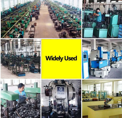 Collage of industrial workshop images with various metalworking machines and workers, text in center reads 'Widely Used'
