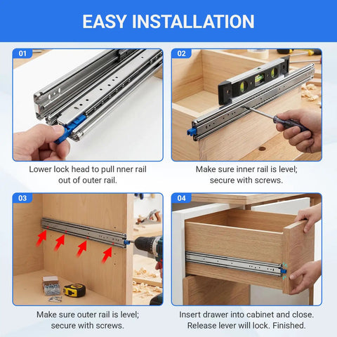 Heavy Duty 72 Inch Drawer Slides With 500 Lb Capacity, Full Extension, Lock-In Lock-Out, Side Mount Ball Bearing Rails For RV, Truck Bed, Trailer, And Pull-Out Tool Drawers installed on wooden cabinet drawer