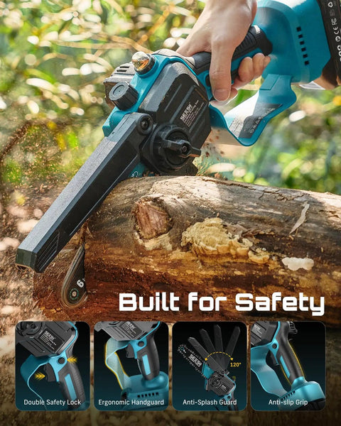 Go Higher Faster With This Slick Two In One Cordless Pole Saw That Transforms From Handheld Chainsaw To High Reach Tree Trimmer in use on wood.
