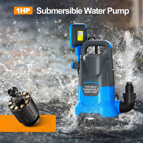 Portable Submersible Sump Pump 1HP Automatic Water Transfer For Clean And Dirty Water With Float Switch 4000 GPH in splash effect